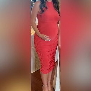 Elegant Red Ruched Midi Dress